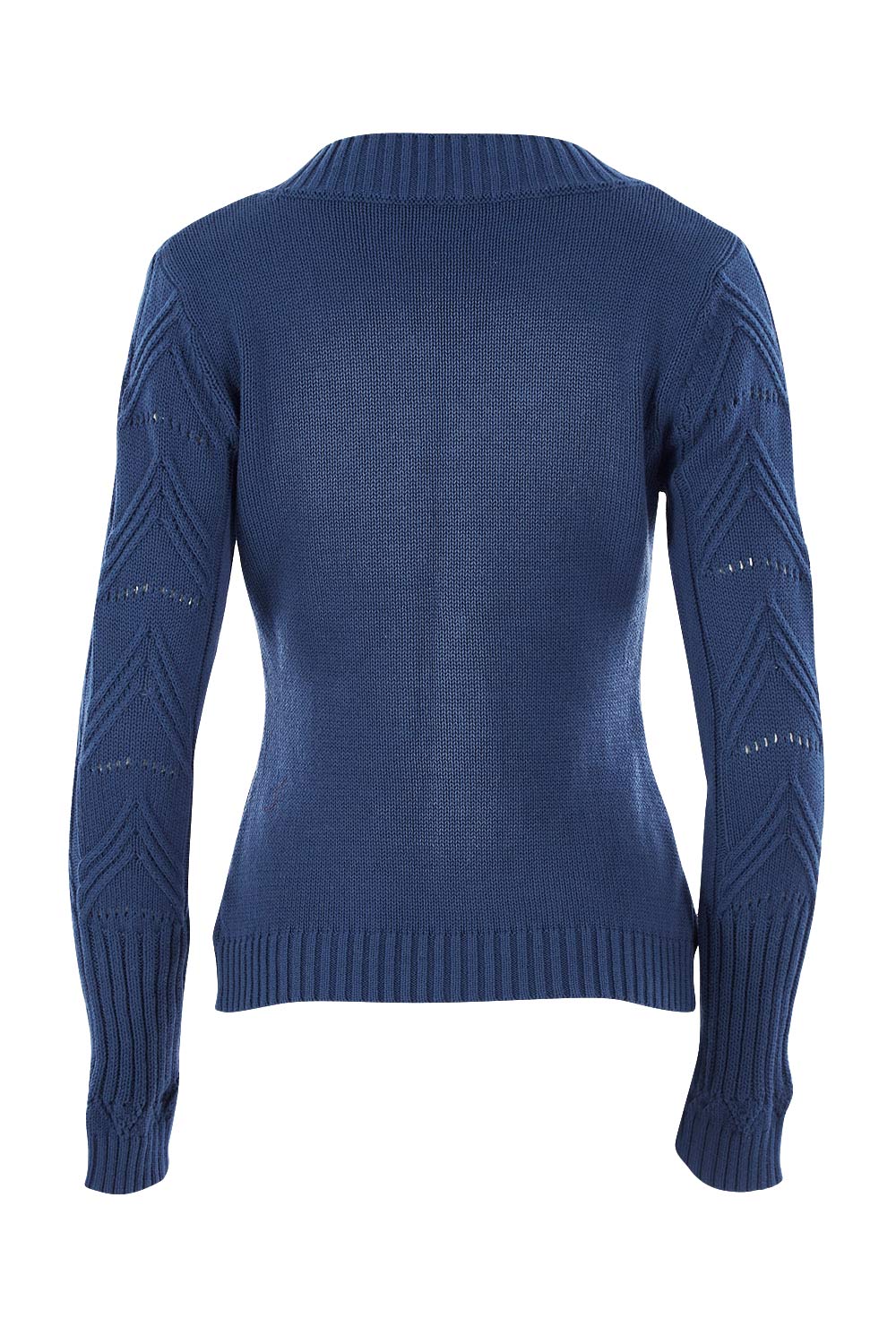 Product shot of the Fireside Button Cardigan in colour Bluejean (Blue), from the back