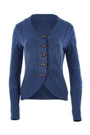 Product shot of the Fireside Button Cardigan in colour Bluejean (Blue), from the front