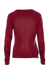 Product shot of the Fireside Button Cardigan in colour Plum (Red), from the back