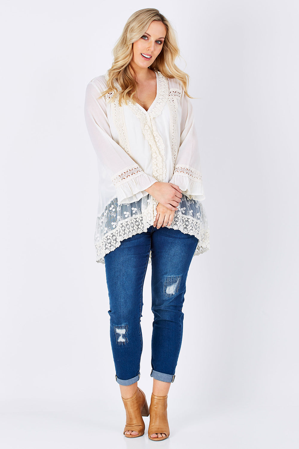 Model Jess wearing size 14 of the Whispers In The Dark Shirt in colour Milk (White), from the front, showing the whole outfit