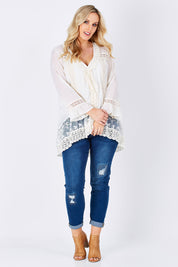 Model Jess wearing size 14 of the Whispers In The Dark Shirt in colour Milk (White), from the front, showing the whole outfit