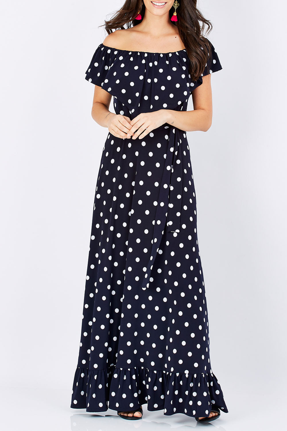 Model Georgia wearing size 10 of the Dance With Me Maxi Dress in colour Navy (Blue), from the front, cropped image