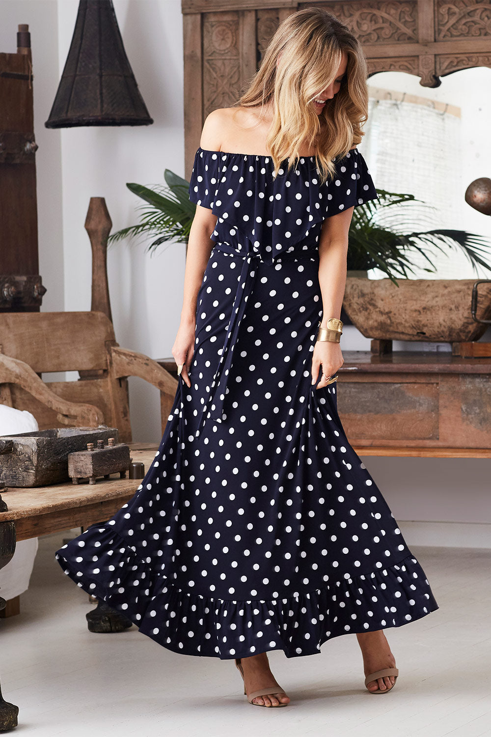 Model Marnee wearing size 10 of the Dance With Me Maxi Dress in colour Navy (Blue), from the front, showing the whole outfit