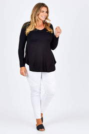 Model Fiona wearing size 16 of the Long Sleeve Softly Swinging Bamboo Tee in colour Black (Black), from the front, showing the whole outfit