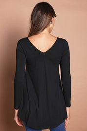 Model Madeline wearing size 10 of the Long Sleeve Softly Swinging Bamboo Tee in colour Black (Black), from the back