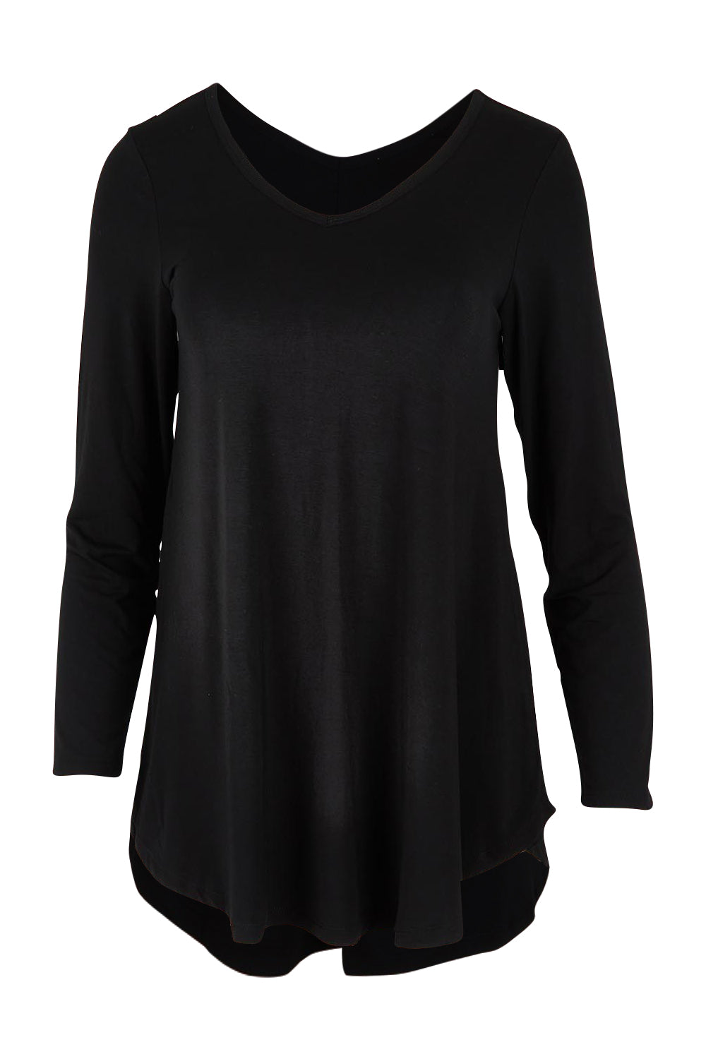 Product shot of the Long Sleeve Softly Swinging Bamboo Tee in colour Black (Black), from the front