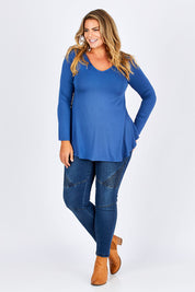 Model Fiona wearing size 16 of the Long Sleeve Softly Swinging Bamboo Tee in colour BlueJeans (Blue), from the front, showing the whole outfit