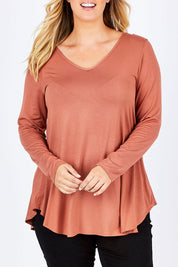 Model Jess wearing size 14 of the Long Sleeve Softly Swinging Bamboo Tee in colour Copper, from the front, cropped image
