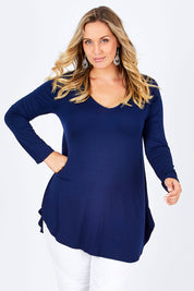 Model Jess wearing size 14 of the Long Sleeve Softly Swinging Bamboo Tee in colour Navy (Blue), from the front, cropped image
