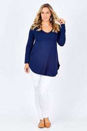 Model Jess wearing size 14 of the Long Sleeve Softly Swinging Bamboo Tee in colour Navy (Blue), from the front, showing the whole outfit