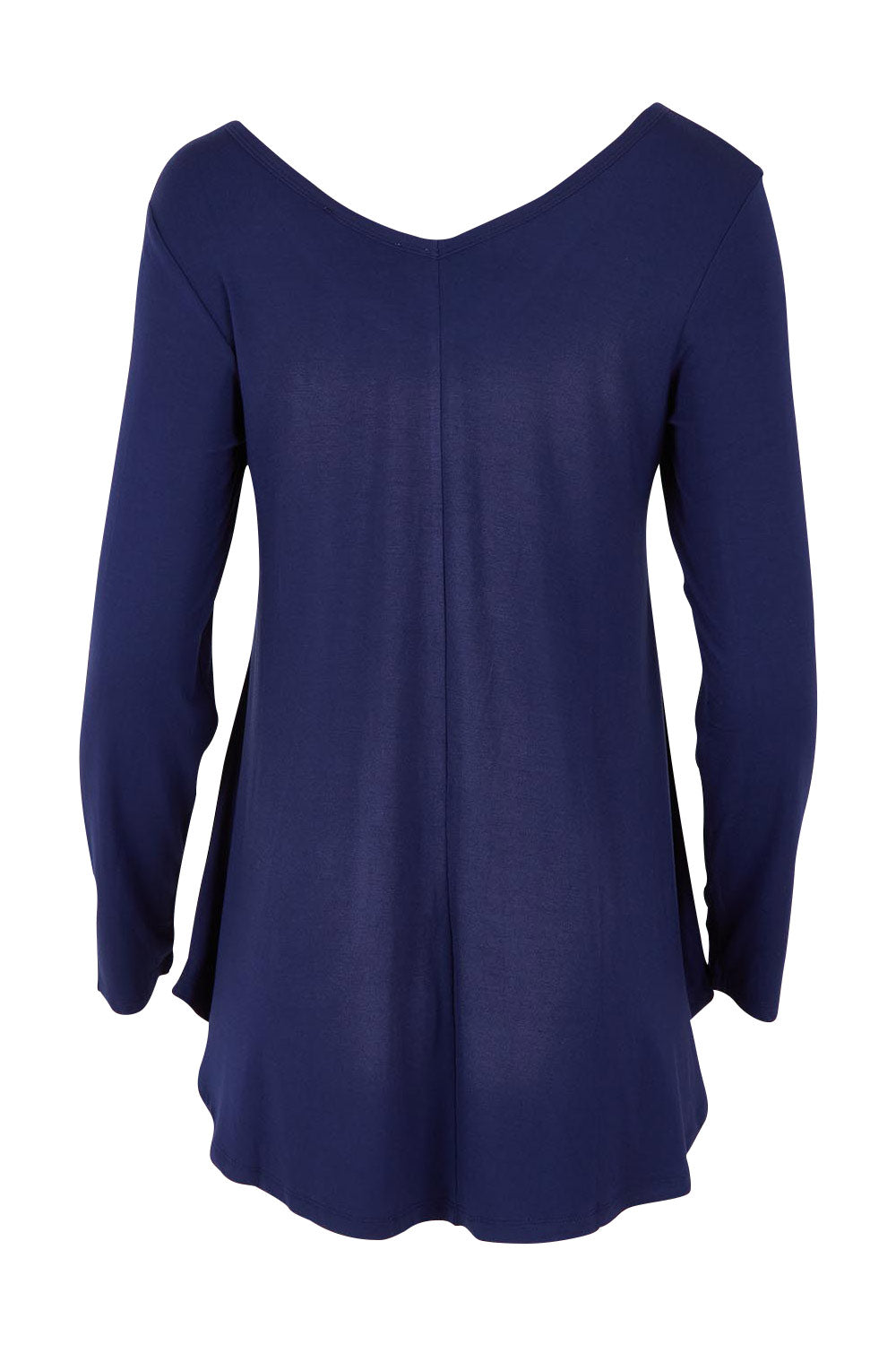 Product shot of the Long Sleeve Softly Swinging Bamboo Tee in colour Navy (Blue), from the back