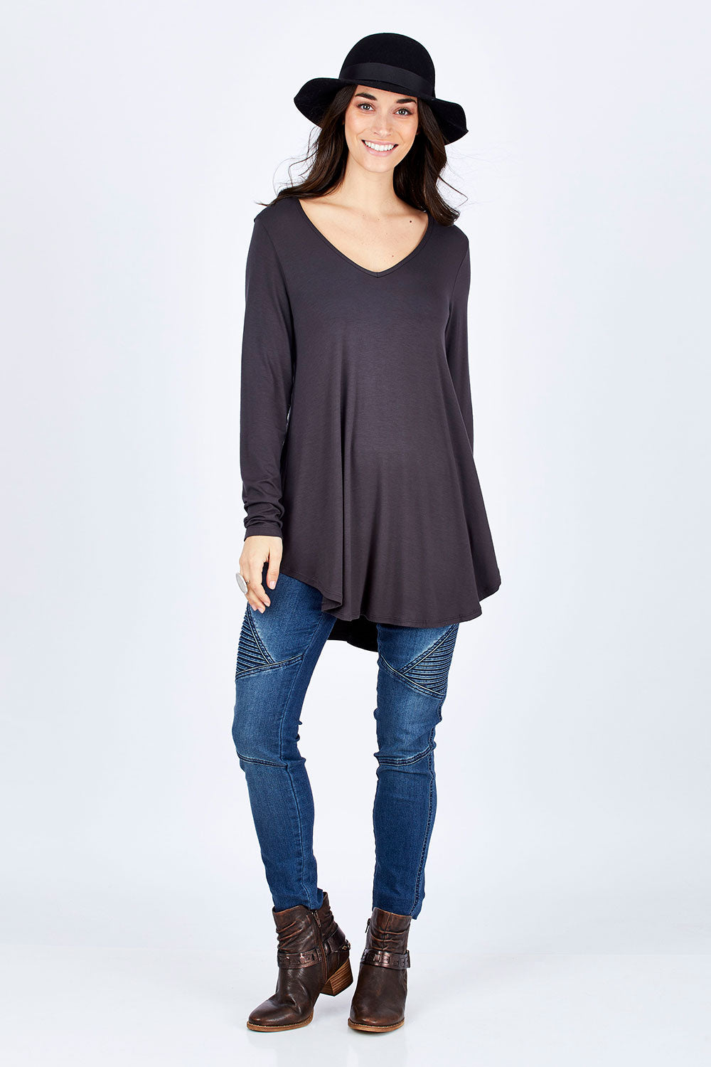 Model Georgia wearing size 10 of the Long Sleeve Softly Swinging Bamboo Tee in colour Storm (Grey), from the front, showing the whole outfit