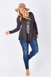 Model Jess wearing size 14 of the Long Sleeve Softly Swinging Bamboo Tee in colour Storm (Grey), from the front, showing the whole outfit