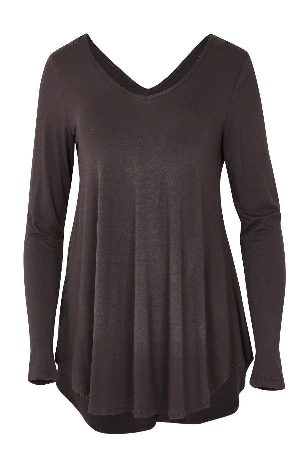 Product shot of the Long Sleeve Softly Swinging Bamboo Tee in colour Storm (Grey), from the front