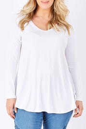 Model Jess wearing size 14 of the Long Sleeve Softly Swinging Bamboo Tee in colour White (White), from the front, cropped image