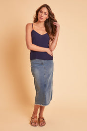 Model Madeline wearing size 10 of the Runaway Top in colour Darknavy (Blue), from the front, showing the whole outfit
