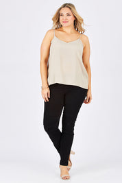 Model Ljubenka wearing size 18 of the Runaway Top in colour Sand, from the front, showing the whole outfit