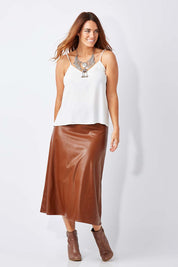 Model Laura wearing size 12 of the Runaway Top in colour White (White), from the front, showing the whole outfit