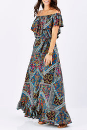 Model Georgia wearing size 10 of the Dancing In The Rain Dress in colour Patch (Blue), from the front, cropped image