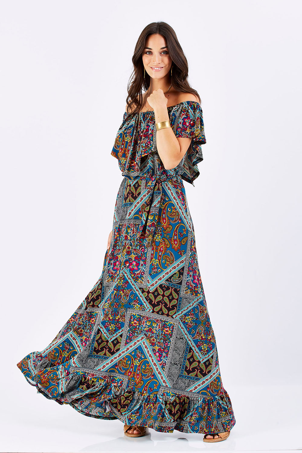 Model Georgia wearing size 10 of the Dancing In The Rain Dress in colour Patch (Blue), from the front, showing the whole outfit