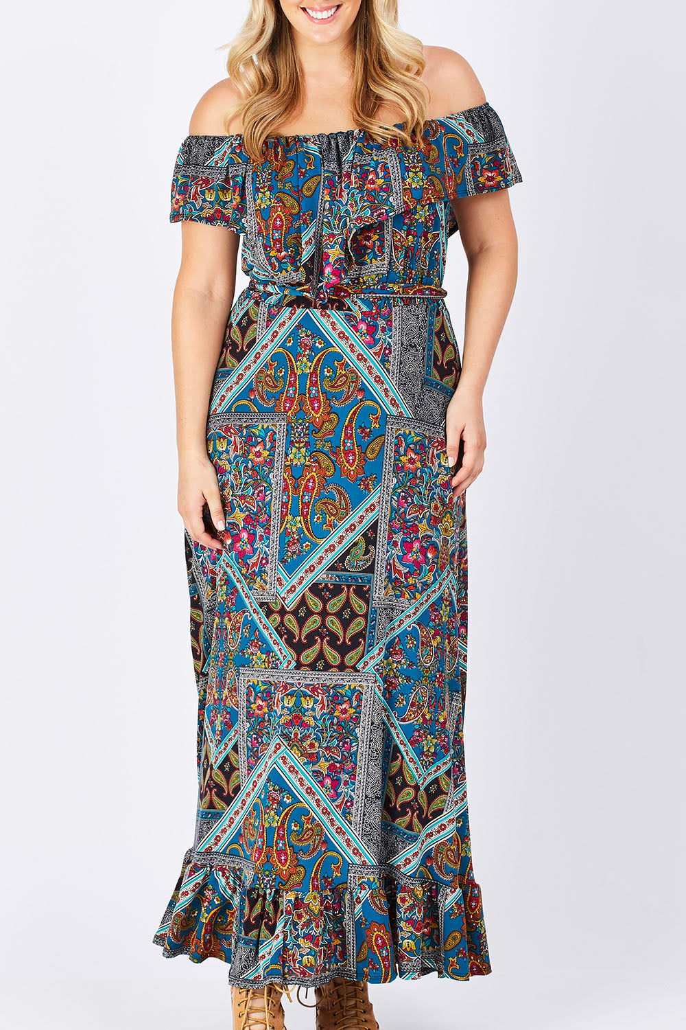 Model Jess wearing size 14 of the Dancing In The Rain Dress in colour Patch (Blue), from the front, cropped image