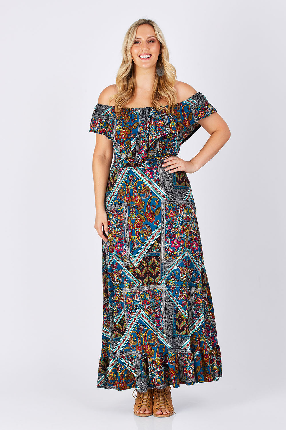 Model Jess wearing size 14 of the Dancing In The Rain Dress in colour Patch (Blue), from the front, showing the whole outfit