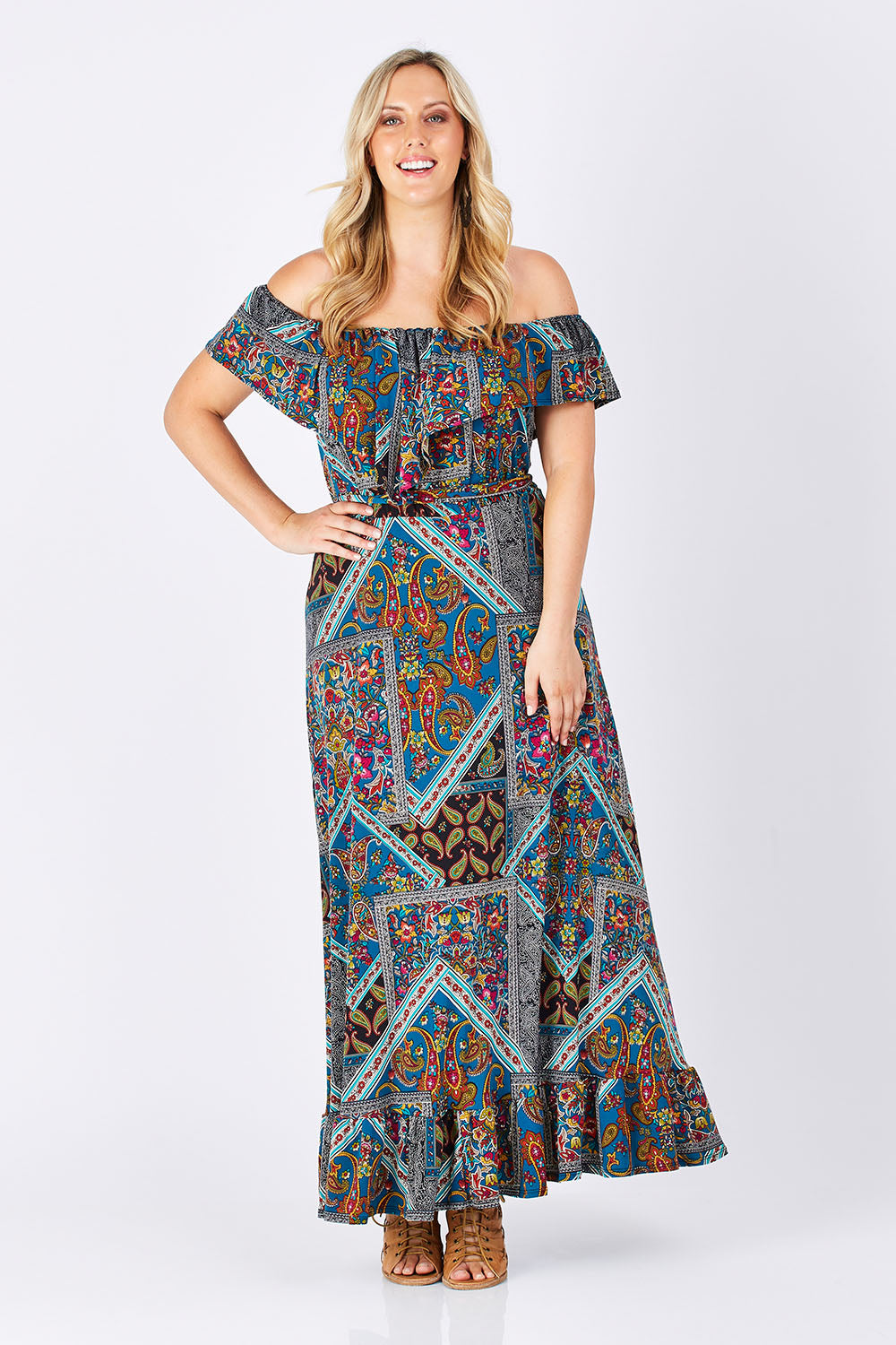 Model Jess wearing size 14 of the Dancing In The Rain Dress in colour Patch (Blue), from the front, showing the whole outfit