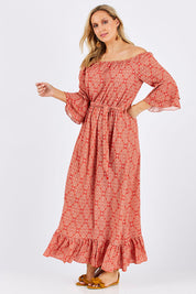 Model Jess wearing size 12 of the In Light Of The Sun Maxi in colour Red (Red), from the front, showing the whole outfit