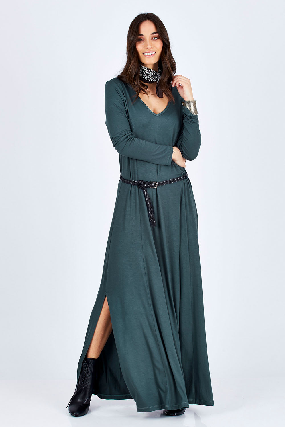 Model Georgia wearing size 10 of the My Faithful Maxi Tee Dress in colour Army (Black), from the front, showing the whole outfit