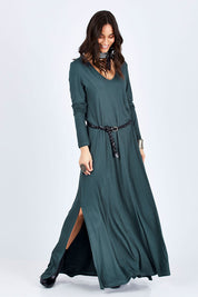 Model Georgia wearing size 10 of the My Faithful Maxi Tee Dress in colour Army (Black), from the front, showing the whole outfit