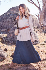 Model Marnee wearing size 10 of the My Faithful Maxi Tee Dress in colour Army (Black), from the front, showing the whole outfit