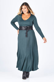 Model Palatina wearing size 14 of the My Faithful Maxi Tee Dress in colour Army (Black), from the front, showing the whole outfit