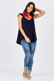 Model Georgia wearing size 10 of the Romance All Around Top in colour Navy (Blue), from the front, showing the whole outfit