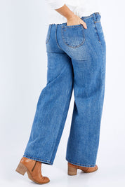 Model Laura wearing size 14 of the Happy Me Wide Leg Jeans in colour Denim (Blue), from the back