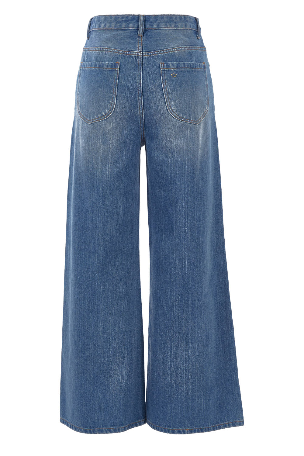 Product shot of the Happy Me Wide Leg Jeans in colour Denim (Blue), from the back