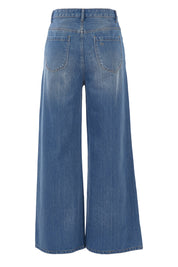 Product shot of the Happy Me Wide Leg Jeans in colour Denim (Blue), from the back