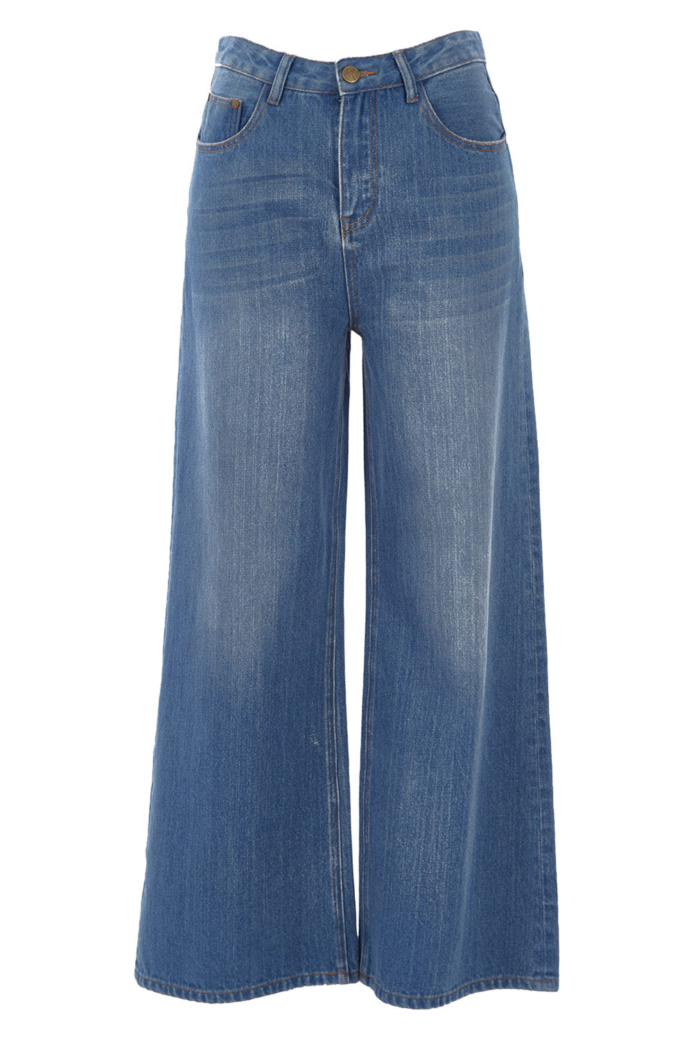 Product shot of the Happy Me Wide Leg Jeans in colour Denim (Blue), from the front