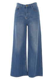 Product shot of the Happy Me Wide Leg Jeans in colour Denim (Blue), from the front