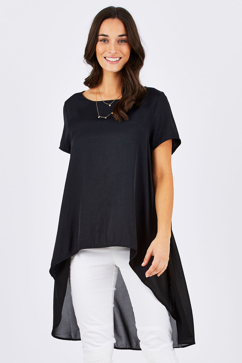 Model Georgia wearing size 10 of the Walking On Clouds Tee in colour JetBlack (Black), from the front, cropped image