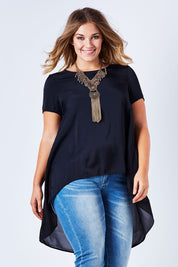 Model Kate wearing size 16 of the Walking On Clouds Tee in colour JetBlack (Black), from the front, cropped image