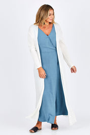 Model Fiona wearing size 16 of the Starry Night Cardi in colour Chalk (White), from the front, showing the whole outfit