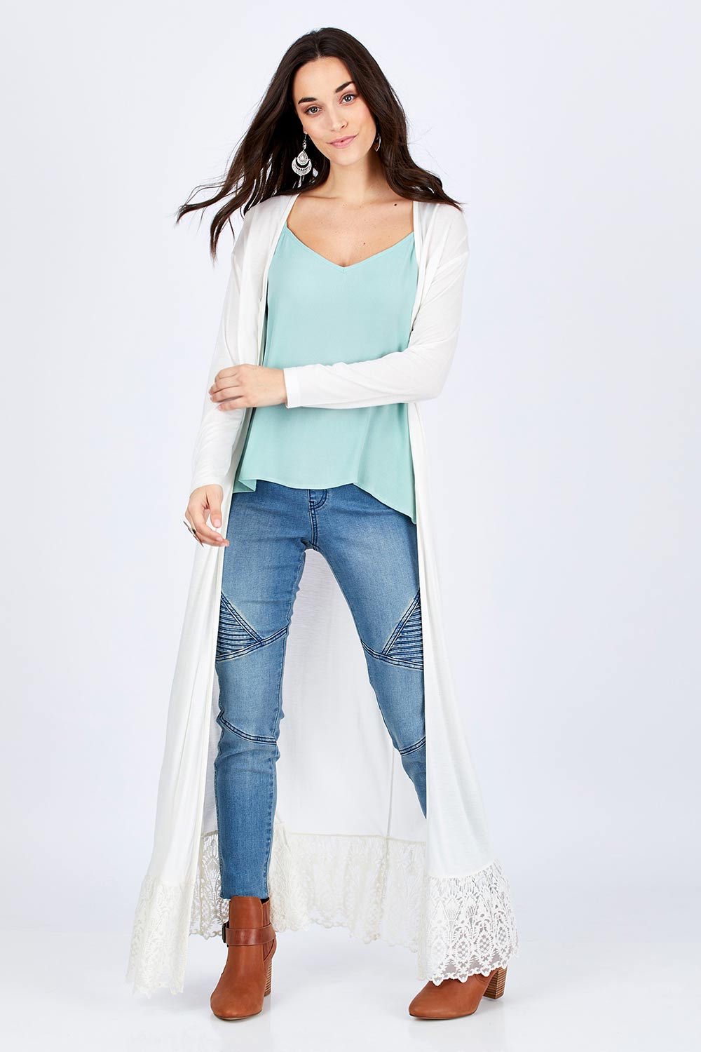 Model Georgia wearing size 10 of the Starry Night Cardi in colour Chalk (White), from the front, showing the whole outfit