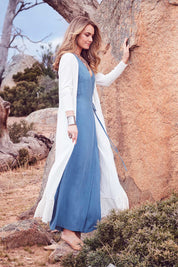 Model Marnee wearing size 10 of the Starry Night Cardi in colour Chalk (White), from the front, showing the whole outfit