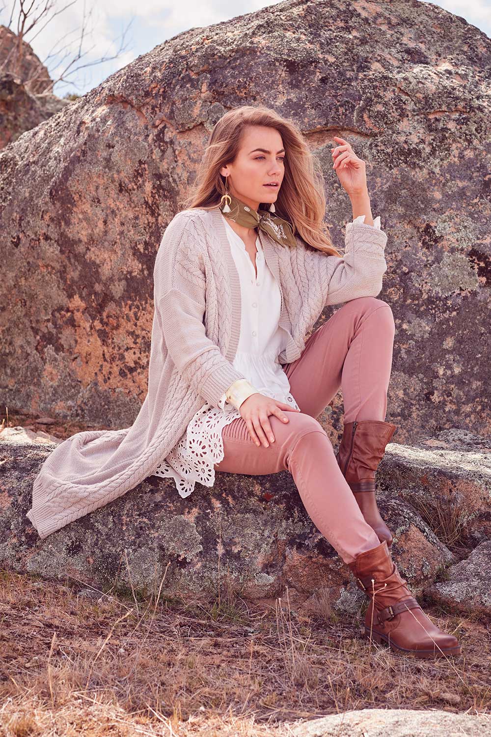 Model Marnee wearing size S of the Walk In The Park Cardi in colour Sand, from the front, showing the whole outfit