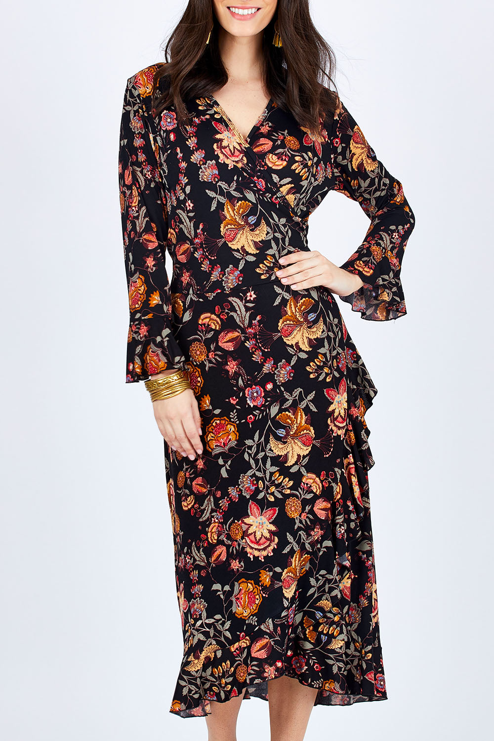 Model Georgia wearing size 10 of the Swanning Around Wrap Dress in colour BlackOrch (Black), from the front, cropped image