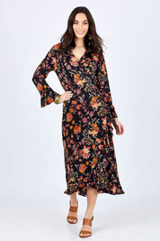 Model Georgia wearing size 10 of the Swanning Around Wrap Dress in colour BlackOrch (Black), from the front, showing the whole outfit