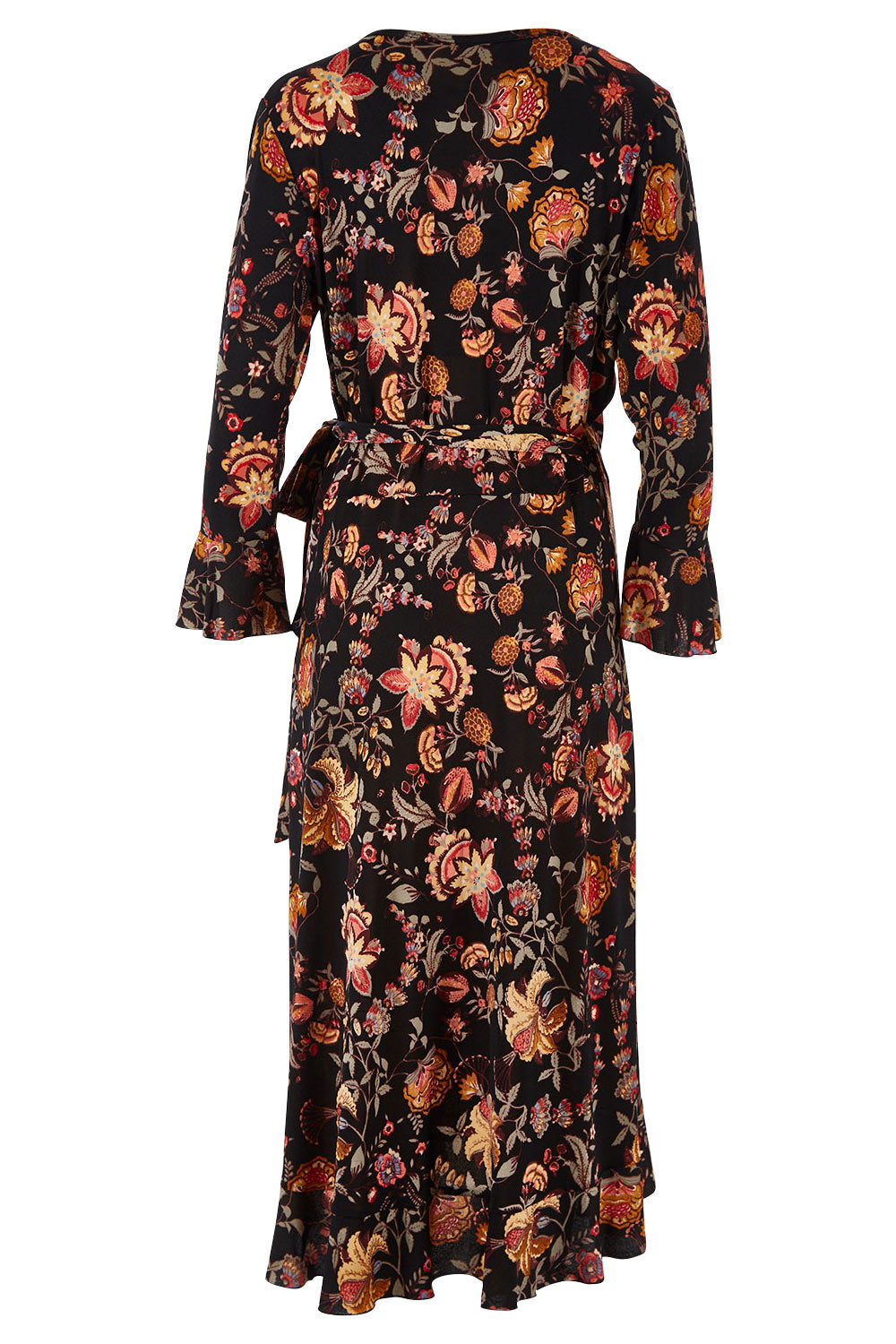 Product shot of the Swanning Around Wrap Dress in colour BlackOrch (Black), from the back