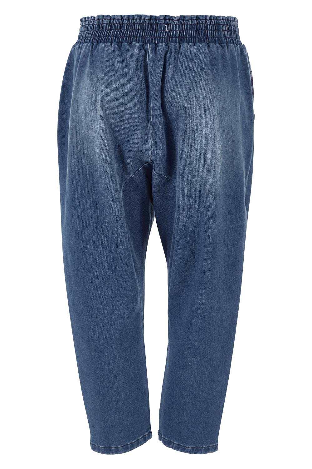 Product shot of the Just Chillin Stretch Dropped Crotch Jeans in colour Denim (Blue), from the back