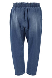 Product shot of the Just Chillin Stretch Dropped Crotch Jeans in colour Denim (Blue), from the back