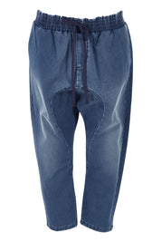 Product shot of the Just Chillin Stretch Dropped Crotch Jeans in colour Denim (Blue), from the front